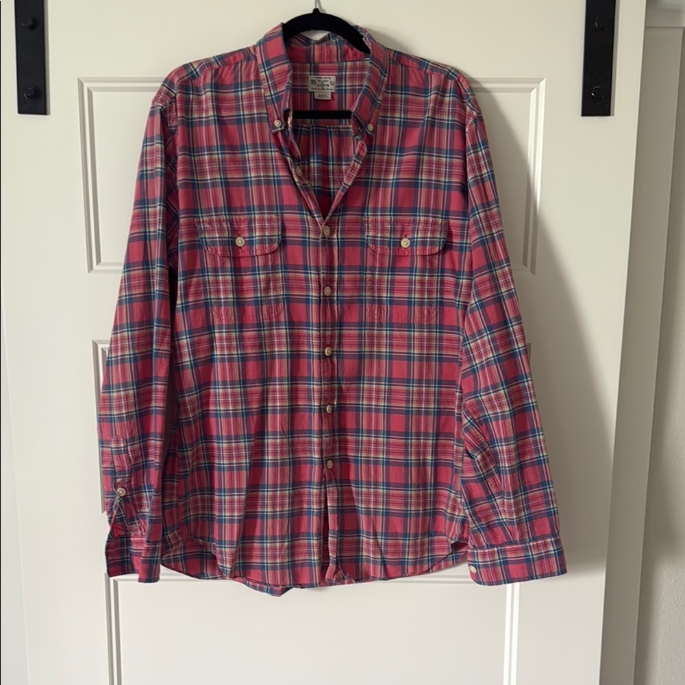 J. Crew Men's Pink and Blue Plaid Button Down Shirt